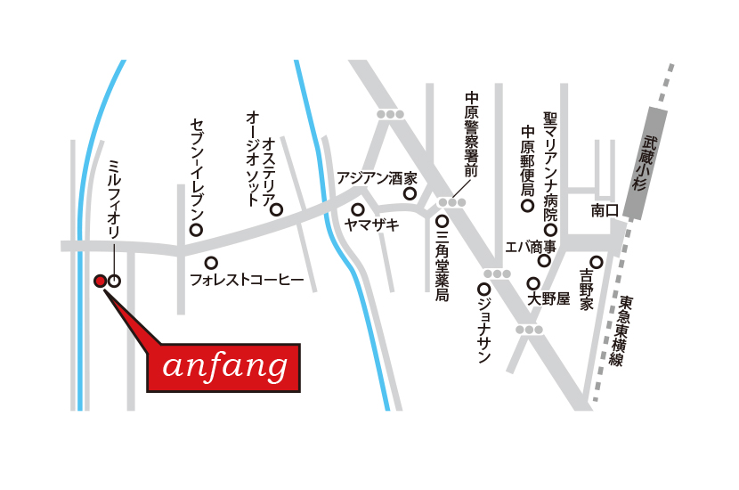anfangへのアクセス　武蔵小杉駅より徒歩6分です